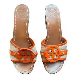 Tory Burch Espadrille Wedge Sandals Orange Patent Leather Patty Selma 8.5